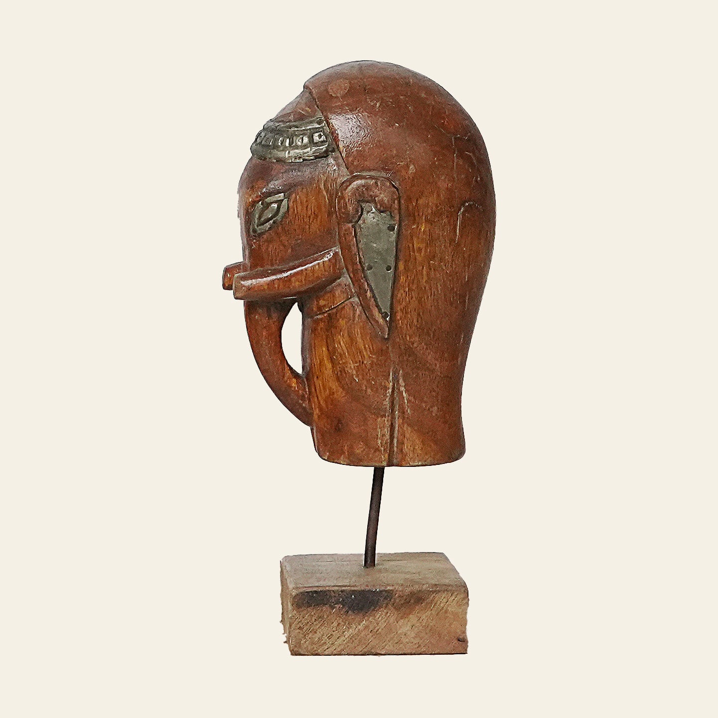 Handcrafted Wooden Elephant Head Sculpture on Stand