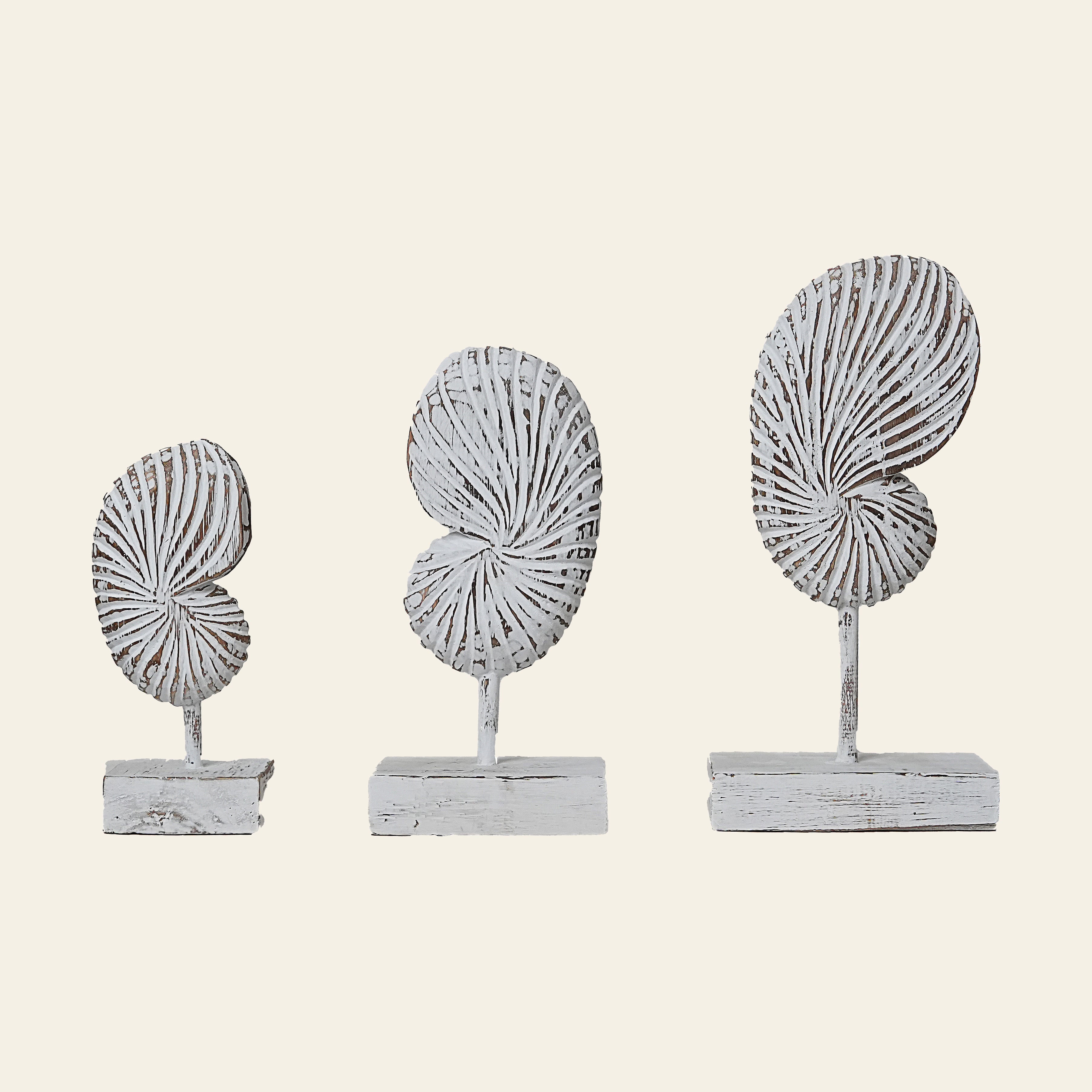 Handcrafted wooden shell decoration with white finish and carved patterns